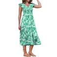 thumbnail image 4 of INSPIRE CHIC Women's Summer Printed V Neck Elastic Waist Ruffle Cap Sleeve A-Line Beach Midi Dresses L Green, 4 of 6