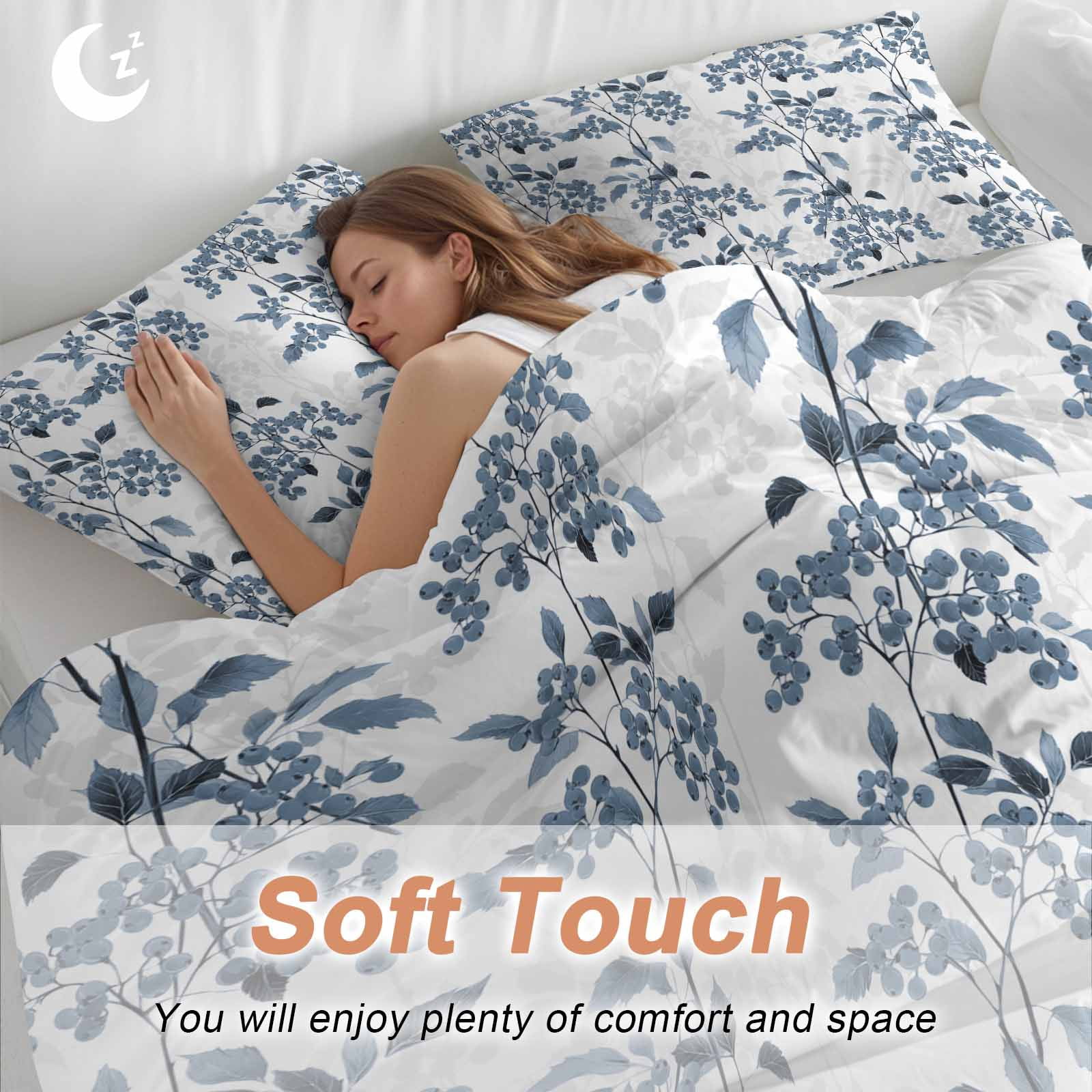 Blue Fruit Bedding 3 Piece Duvet Cover Set California King, Vintage Plant Nature Botanical Flower Floral Soft Microfiber Comforter Cover with Zipper Closure & Pillowcases, FadeResistant Quilt Cover