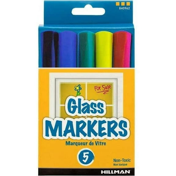 WINDOW MARKERS for Glass and Smooth Surfaces, 5-Color Pack by Hillman (black, blue, green, yellow & Red) - Multipack of Two (2) 5-Color Packs