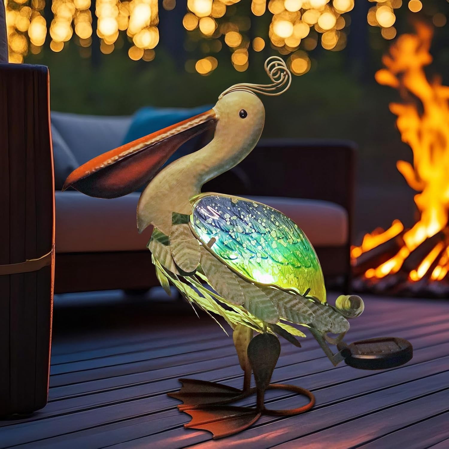 Solar Metal Pelican Statues Garden Sculpture & Statues, 17 Inch Glass Outdoor Pelican Yard Art Coastal Ocean Bird Decor Lawn Ornament for Backyard Porch Patio Decor（Blue-Green）