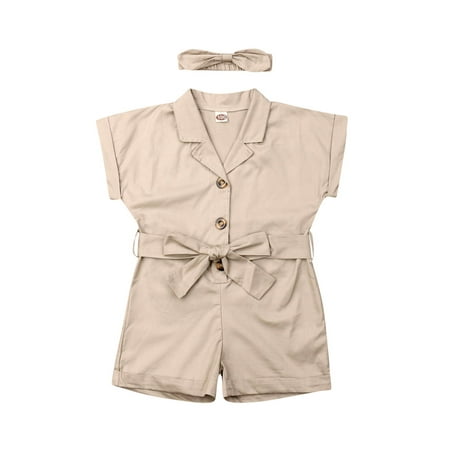 

TheFound Kids Toddler Baby Girls Overalls Solid Lapel Button Down Jumpsuit Romper Wide Leg Shorts with Belt