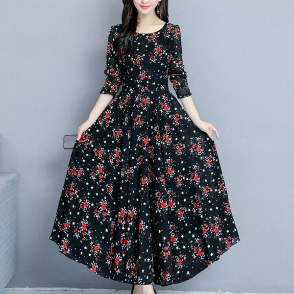 CEHVOM Women Floral Beach Dress Long Sleeve Casual Party Vintage Boho Dress