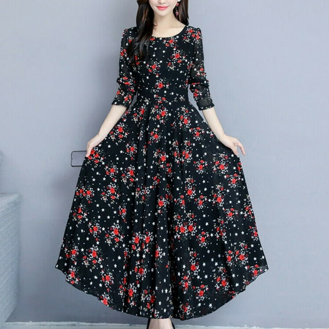 Pisexur Robe Maxi à Fleurs pour Femmes avec Manches, Fluide, Bohème, Robe de Plage, Robes Décontractées pour Femmes