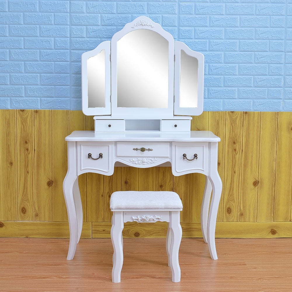 Kepooman Vanity Table Set, Tri-fold Mirror Dresser Table with Dressing Stool, White Kepooman Vanity Table Set, Tri-fold Mirror Dresser Table with Dressing Stool, White