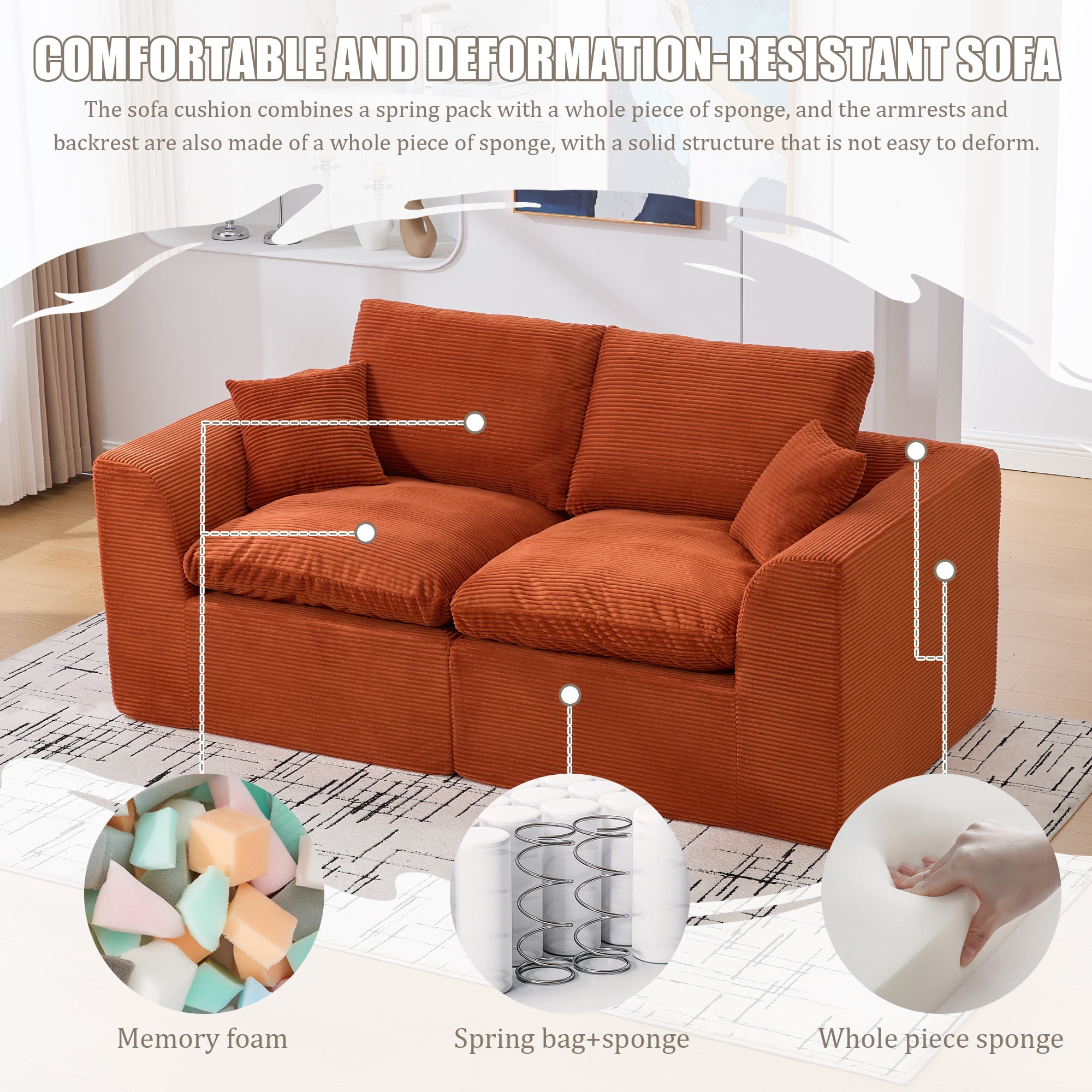 Leumius 80" Cloud Couch,Modern 2 Seater Sofa with Pillow,Upholstered Corduroy Fabric Modern Loveseat for Living Room Bedroom Apartments Dorms,No Assembly Required,Orange