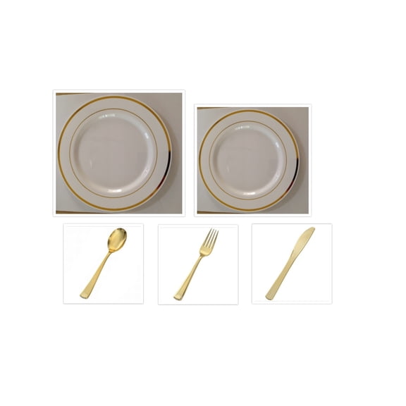 White w/Gold Band China-Like Plastic 10" Dinner Plates   7" Salad Plates   Cutlery *Party for 120*