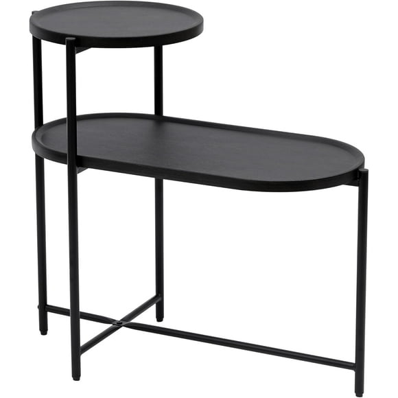 Round Coffee Table with Storage Tray 2 Tier Oval End Tables Wooden Small Side Table for Living Room (Black)