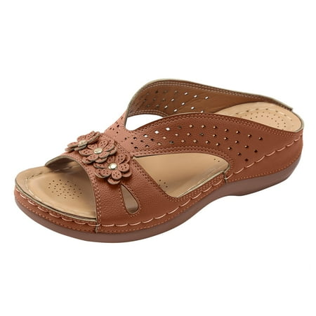 

Krdevn Women s Summer Fashion Leather Flower Openwork Slippers Outdoor Beach Slippers Brown 9.5