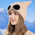 thumbnail image 2 of Xfvqtps Womens Beanie with Glasses Cute Cat Ear Knitted Crochet Solid Color Thickened Stretch Windproof Coldproof Skiing Outdoor Warm Winter Hat Khaki, 2 of 7