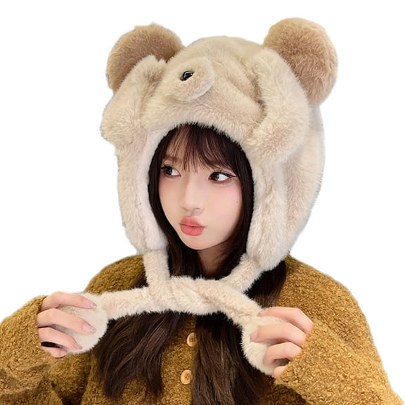JZROCKER Plush Bear Ear Trapper Hat Ear Protective Hat Unisex Hat Cold Weather Caps