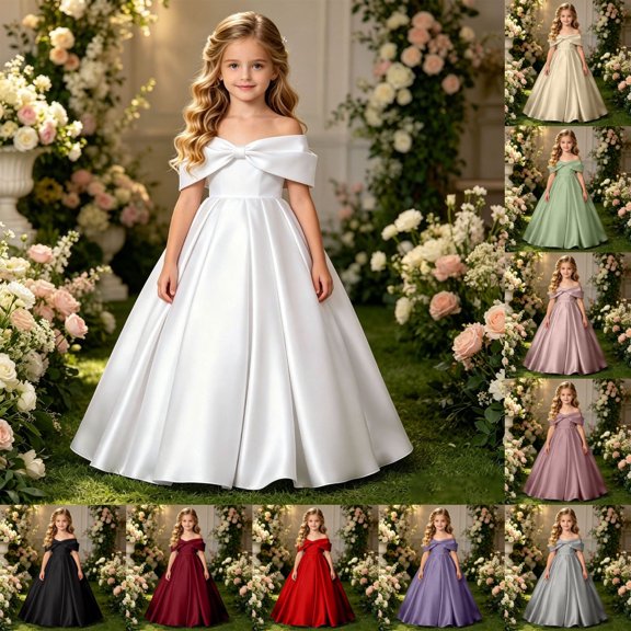 Gunia Formal Dresses For Girls Off Shoulder Solid Color Big Bow Floor Length Gown Party Dress Big Kids Sundress White Dress For Girls 8-17 Years