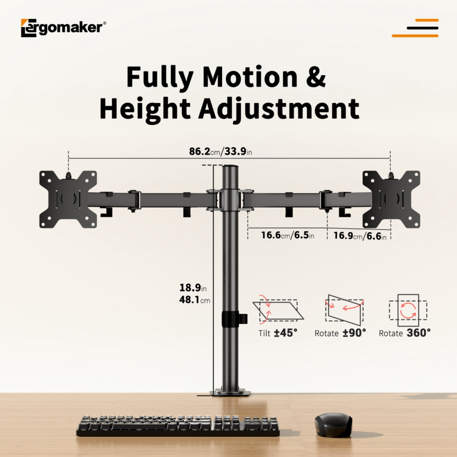 Ergomaker Dual Monitor Desk Mount for 13-27 " Screens Black Adjustable Height Monitor Arm