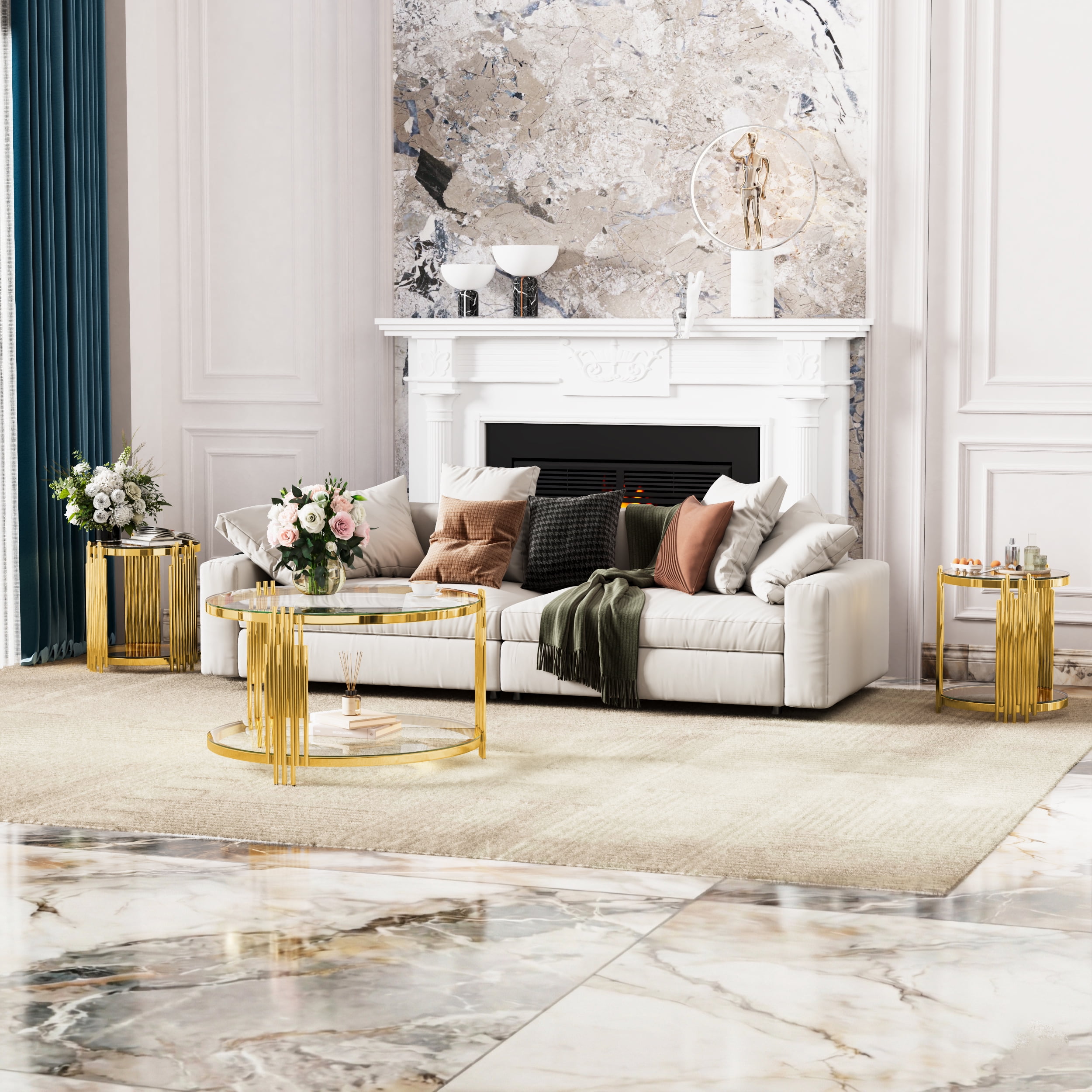 Euroco Modern Transparent Glass End Table for Living Room, Round, Asymmetrical Metal, Gold Finish & Lower Shelf, 19.8"