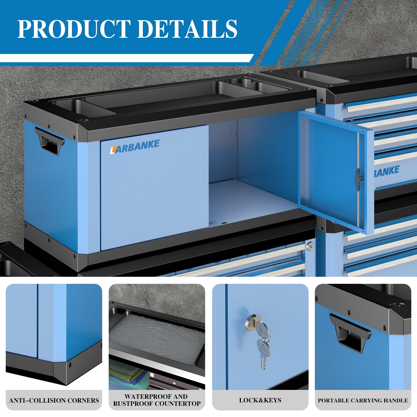 LARBANKE Double-Door Tool Box with Lock, Multifunctional Top & Stackable Design, Connects with 5 & 7-Drawer Tool Chests