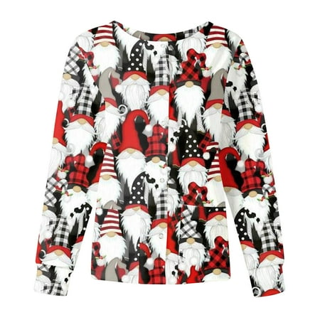 

jsaierl Scrub Jackets for Women Christmas Cardigan Button Down Gnomes Graphic Long Sleeve Shirts Tops Nurse Work Uniform with Pockets