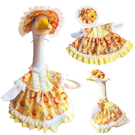 Liamobondopolis Summer Porch Goose Outfit Sunflower Floral Plaid Dress with Lace Hat for 23 Inch Figurine Outdoor Decor