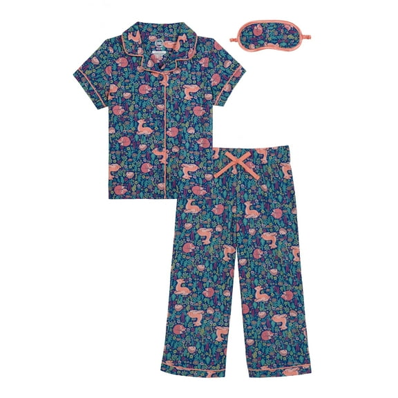 Wonder Nation Girls Button Front Short Sleeve Top & Pant Pajama Set with an Eyemask, 3-Piece, Sizes 4-18 & Plus