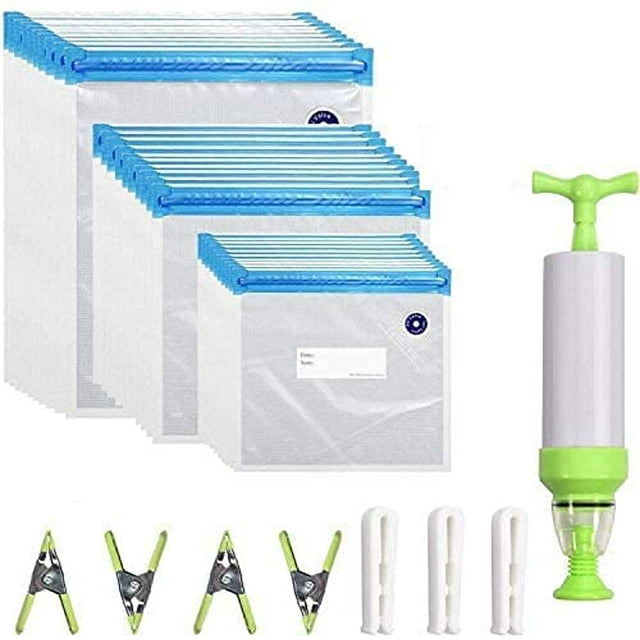 Kit de Sacs sous Vide pour Cuisinières Anova/Joule, 30 Sacs Alimentaires Réutilisables Sans BPA, 1 Pompe à Main, 2 Clips de Scellage, 4 Clips de Sacs sous Vide pour Cuisson sous Vide, Stockage Alimentaire