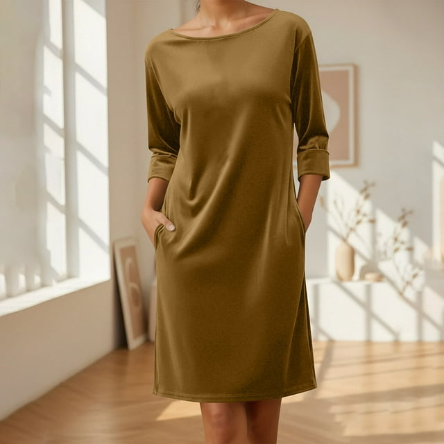 Karight Women's Velvet Dress Trendy Formal Long Sleeve Loose Casual Swing Mixi Dresses Plus Size for Daily Wear with Pockets