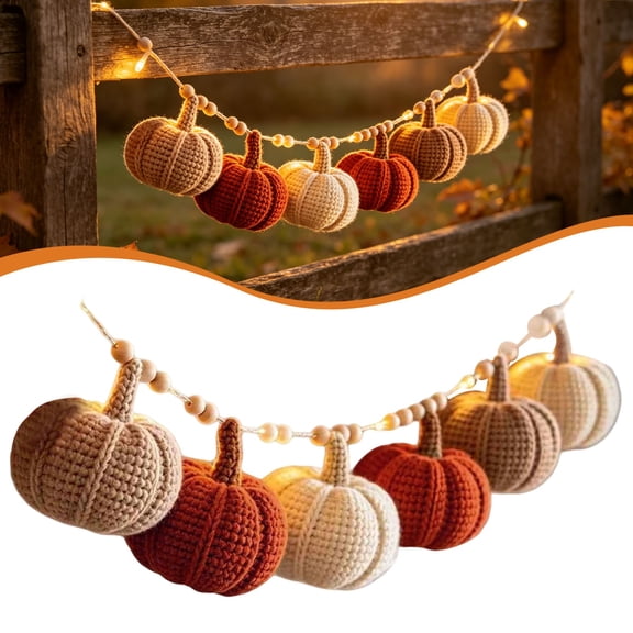 Fall Knit Pumpkin String Light Wreath, Outdoor Halloween Decor, Fall Garland with Lights, Cute Halloween Decor, Halloween Home Decor, Halloween Porch Decor, 90.55 Inches