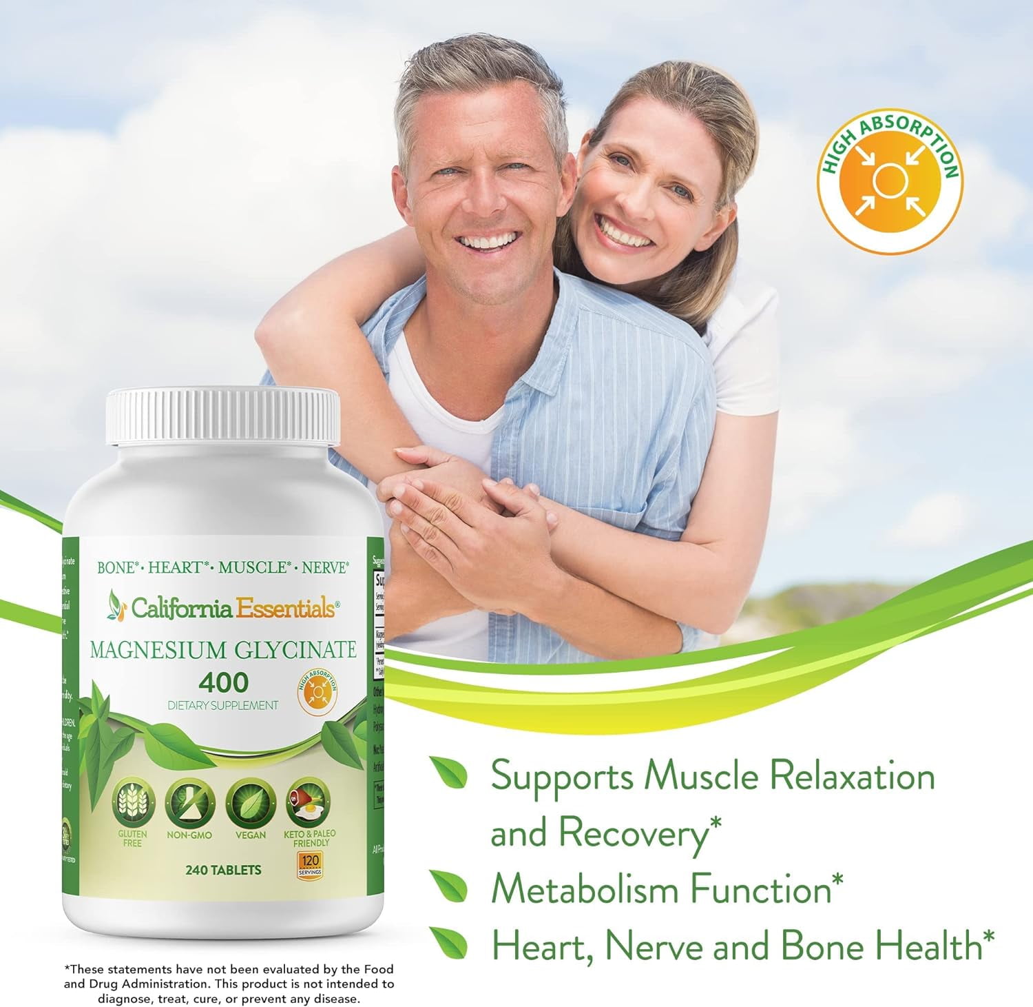 California Essentials Magnesium Glycinate 400 mg - Supports Muscle Relaxation, Bone Health & Stress Relief - Vegan Dietary Supplement (240 Tablets)