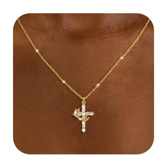 CHESKY Diamond Crown Cross AIF4 Necklace for Women- Dainty 14K Gold Plated Cubic Zirconia Cross Pendant Necklaces Simple Small Gold Cross Necklace Cute Necklaces for Women Trendy Jewelry Gifts