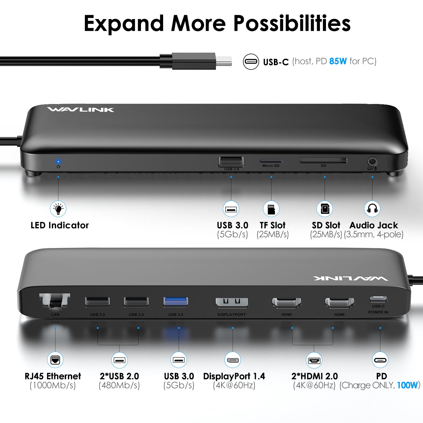 WAVLINK 12-in-1 USB C Triple Display Docking Station, Support 85W Charging for PC, Max 4K@60Hz with DisplayPort, HDMI, PD, USB 2.0/3.0, Gigabit Ethernet, SD/TF Slot, Audio Jack for Windows&Mac