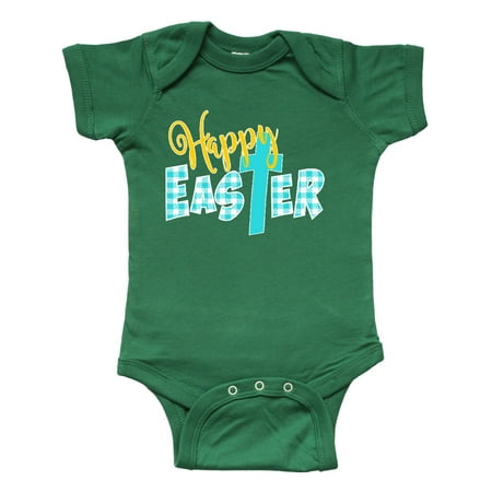 

Inktastic Happy Easter with Cross in Teal Plaid Gift Baby Boy or Baby Girl Bodysuit