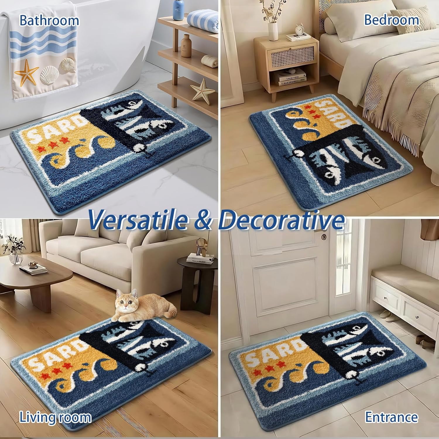 Sardine Can Plush Bath Mat, Opening Can Design with Big Fish, Absorbent Non-Slip Rug for Bathroom Kitchen Entrance, Machine Washable Retro Ocean Home Decor 20x31 Inch