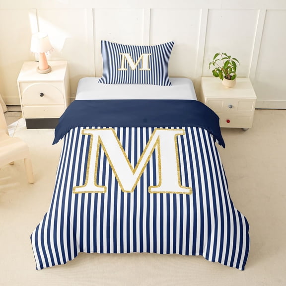 Erosebridal Letter M Kids Twin Bedding, Modern Abstract Duvet Cover Set, Blue Reversible, 2-Piece, No Comforter