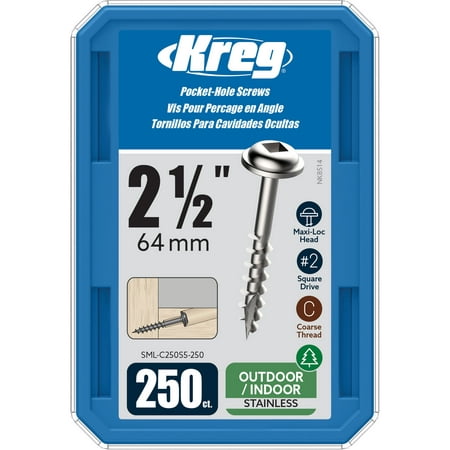 

Kreg SML-C250S5-250 Stainless Steel Pocket Screws 2 1/2 Inch #10 Coarse Maxi-Loc Head (250 Count)