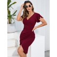 thumbnail image 4 of Owin Women's Summer Sexy V Neck Ruffle Sleeve Faux Wrap Ruched Sheath Bodycon Cocktail Party Work Dress, 4 of 4