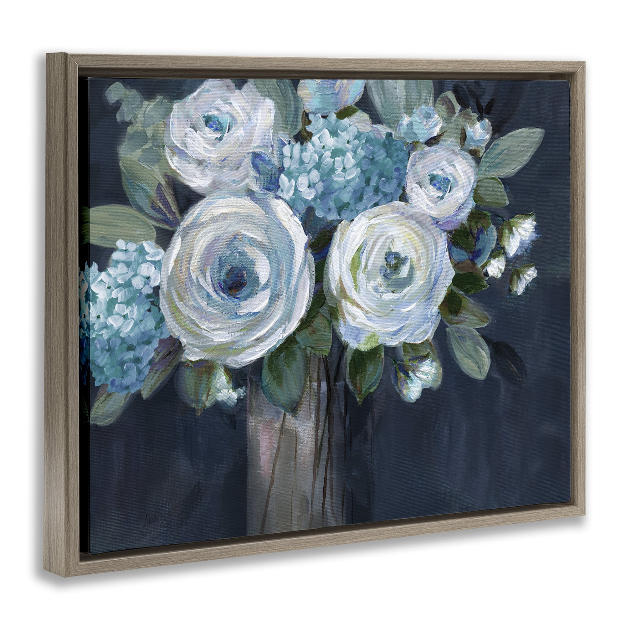 Stupell Industries Blue Mixed Bouquet Plants & Flowers Painting Brown Floater Framed Canvas Art Print Wall Art, 21 x 17