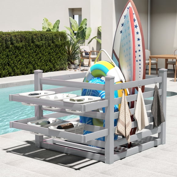 DEXTRUS 64 x 47 x 39 in Poolside Deck Box, Weatherproof Outdoor Storage Patio Furniture with 6 Movable Hooks, Grey