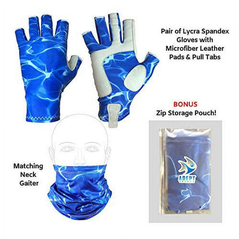 Adept Tackle UPF50+ Fingerless Fishing Gloves for Men and Women, with  Fishing Neck Gaiter, UV Protection Gloves, Fly Fishing Gloves, Sun Gloves  for Kayaking, Hiking and Canoeing - Blue Water, X-L 