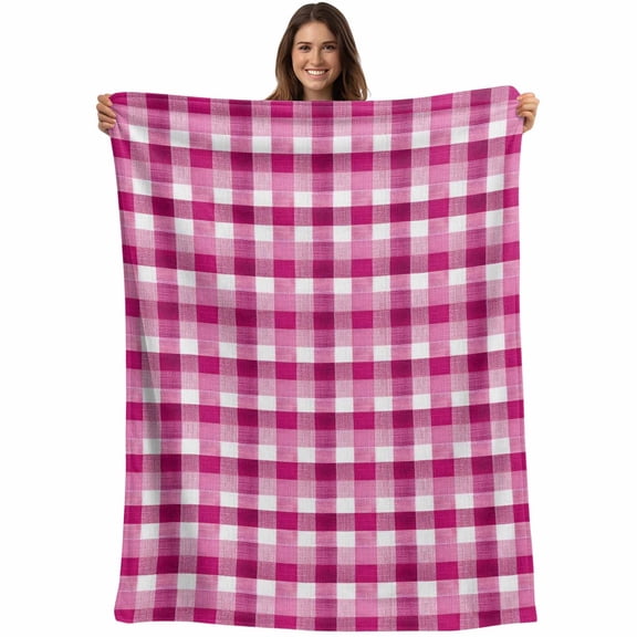Pink White Plaid Blanket Soft Cozy Warm Twin Blanket for Bed, Plush Fuzzy Flannel Fleece Blankets for Sofa, Modern Abstract Buffalo Checked Throw Blankets for Couch, Gifts for Men, 60"x80"