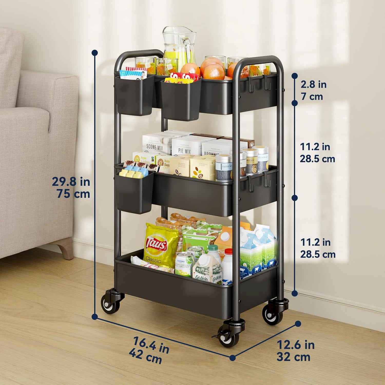 3 Tier Rolling Cart - Metal Utility Cart with 3 Hanging Cups & 4 Hooks, 66LBS Capacity, Mesh Rolling Storage Cart Organizer, Easy Assembly, Rolling Carts with Wheels for Kitchen Office