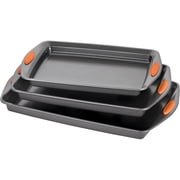 Rachael Ray Nonstick Bakeware 3pc Cookie Pan Set, Gray w/ Orange Grips