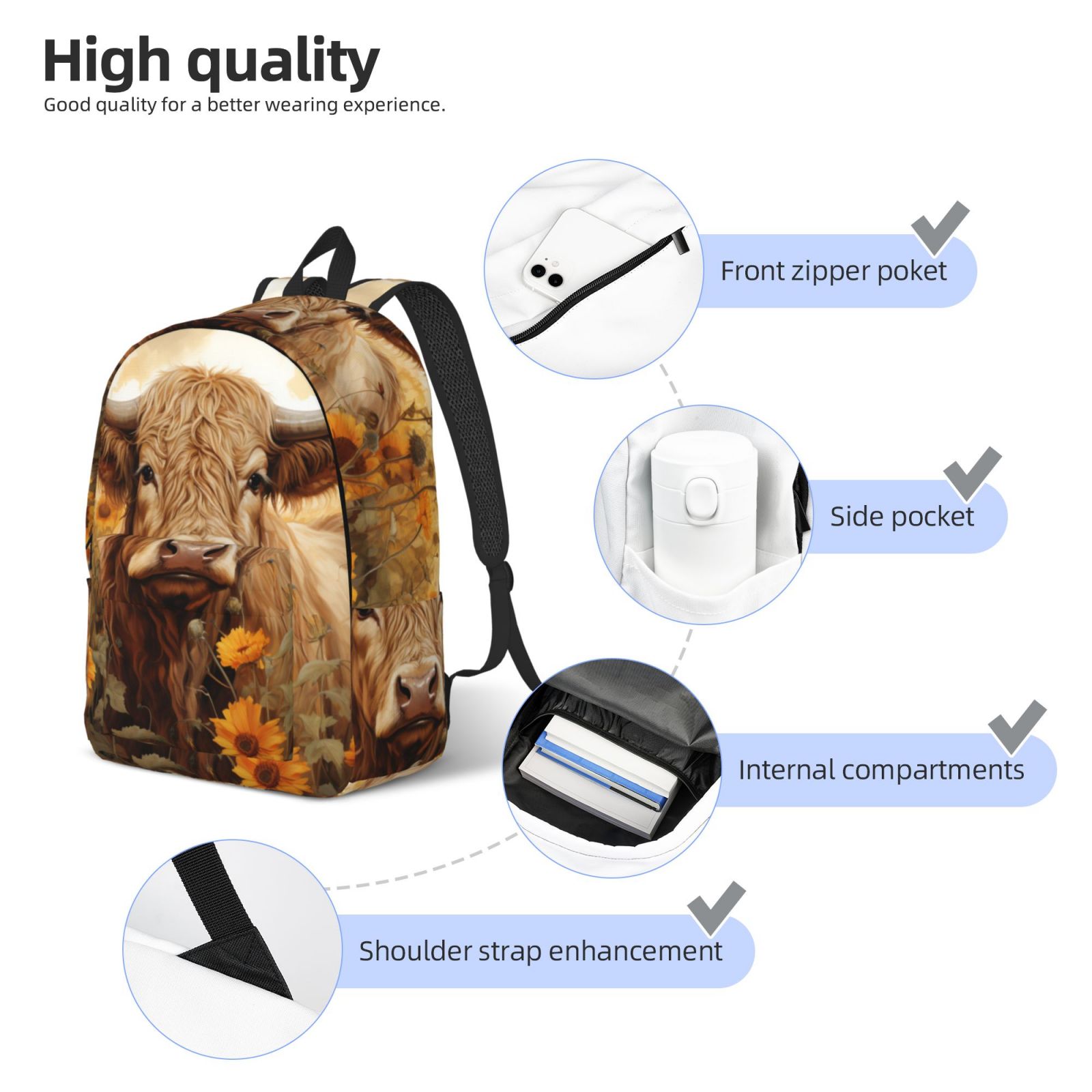 Picia Vintage Sunflower Cow Printed Canvas Daypack - Stylish and Durable Vintage Compact Backpack - Class, Work, Travel, or Laptop Bookbag,Organized Compartments-Small
