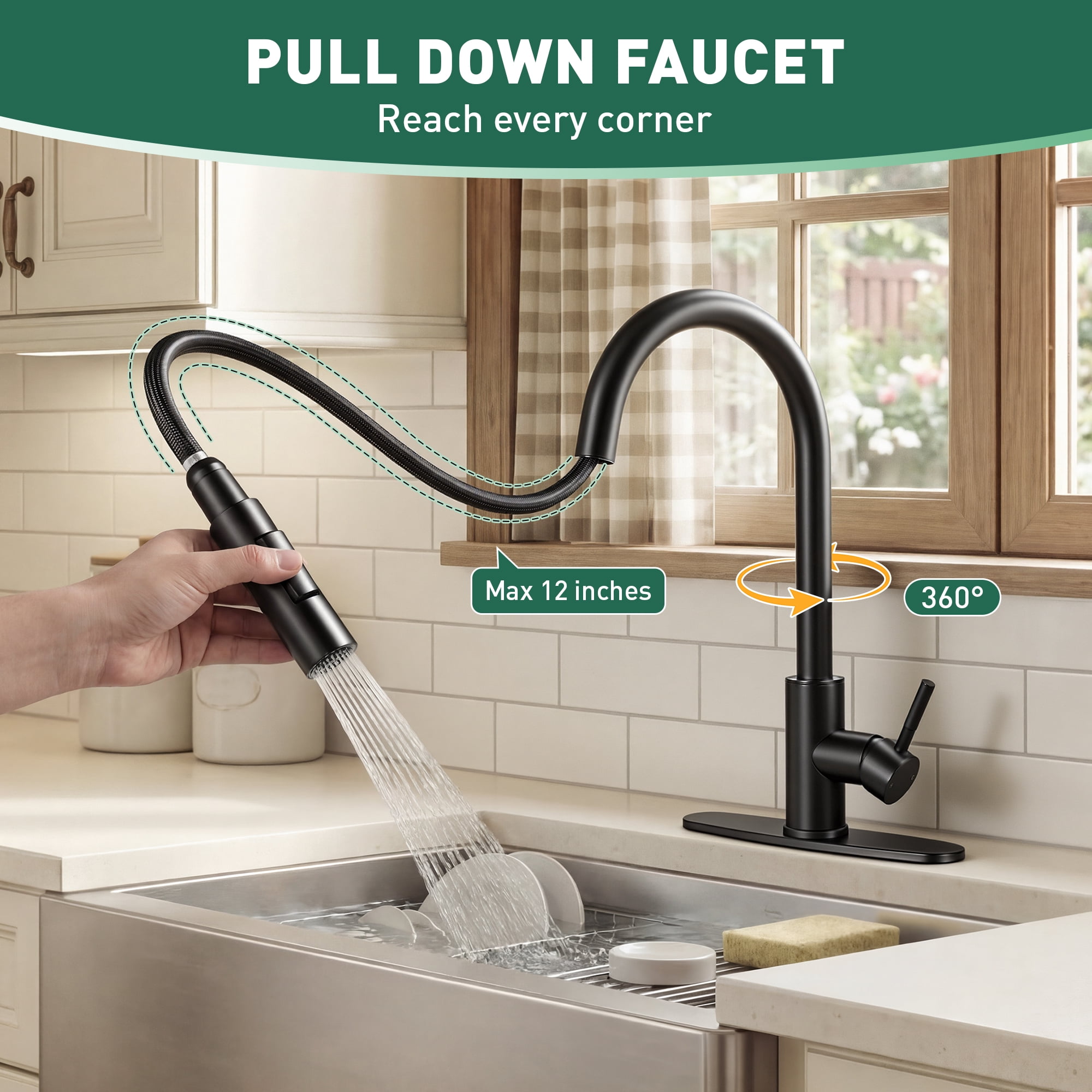Akicon Kitchen Faucet with Pull Down Sprayer, Dual-Function Single Handle Kitchen Sink Faucets, 304 Stainless Steel with Deck Plate, Fits 1 or 3-Hole Sinks, Black