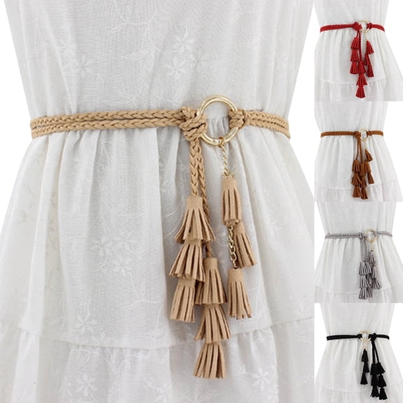 Helii Women Belt Casual Knotted Braided PU Belt Fringe Waist Cord Belt for Dresses Jeans