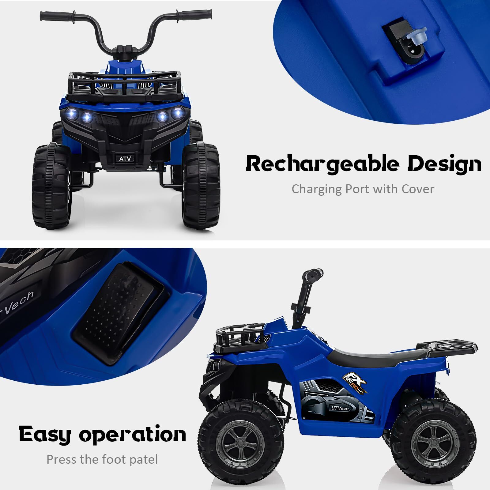 Sakiyr 12V Kids Ride On ATV, Battery Powered Electric Vehicle with Led Light, 4-Wheeler Quad ATV Play Car 2 Speeds for Boys Girls