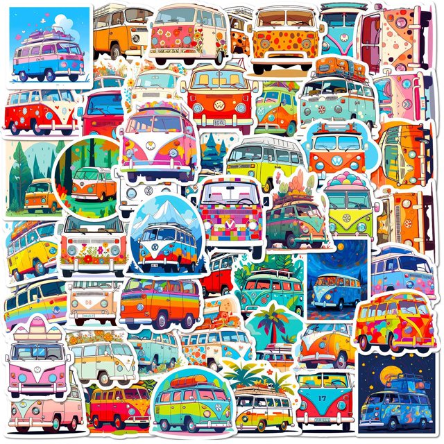 Pegatinas de vinilo Flower Power Bus con dibujos animados, hippie, furgoneta, 50 unidades
