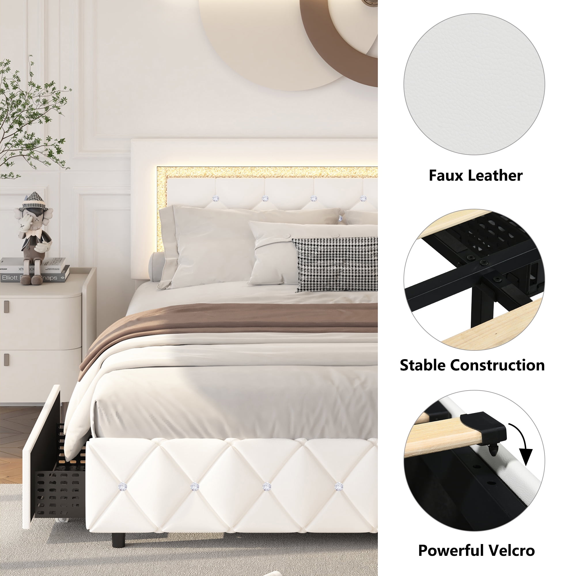 4 EVER WINNER King Size LED Bed Frame with Storage, Upholstered Platform Bed with 4 Drawers, Adjustable LED Lights Headboard, White