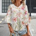 thumbnail image 3 of Pink Wildflowers Women's V-Neck Blouse With 3/4 Ruffled Bell Sleeves Casual Top Ladies Blouses, 3 of 7