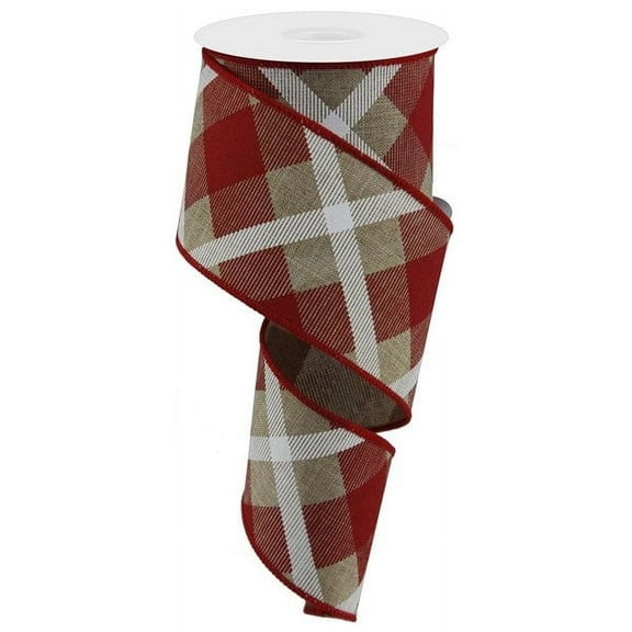Plaid Canvas Wired Edge Ribbon, 10 Yards (Light Beige, Red, White, 2.5")