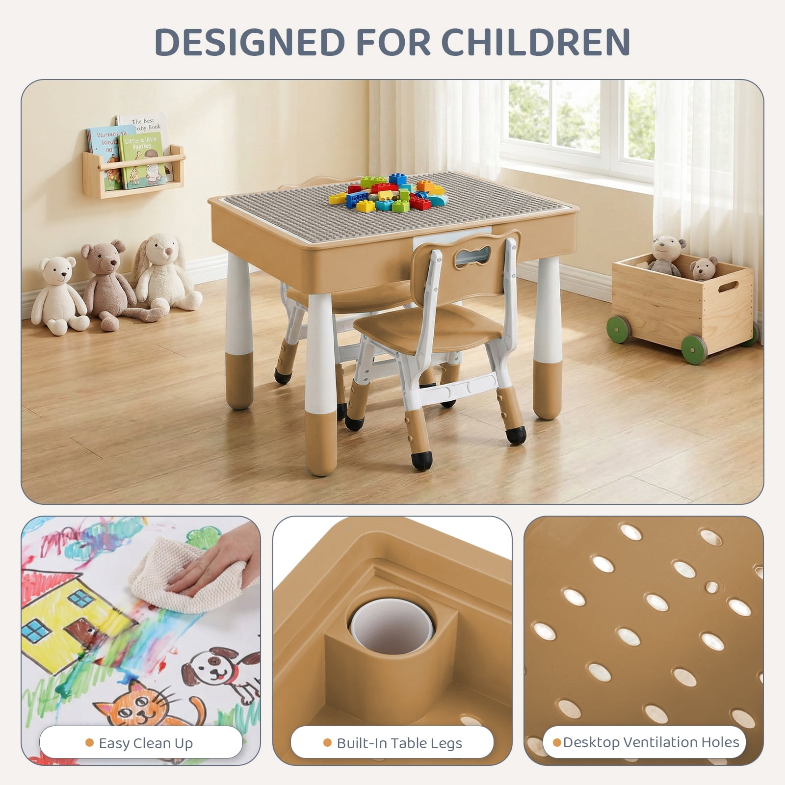 Arlopu 4 in 1 Kids Table and 2 Chairs Set with 2 Drawers, Toddler Table and Chair Set for Ages 3-10, Graffiti & Building Blocks Double-Sided Tabletop, Height Adjustable