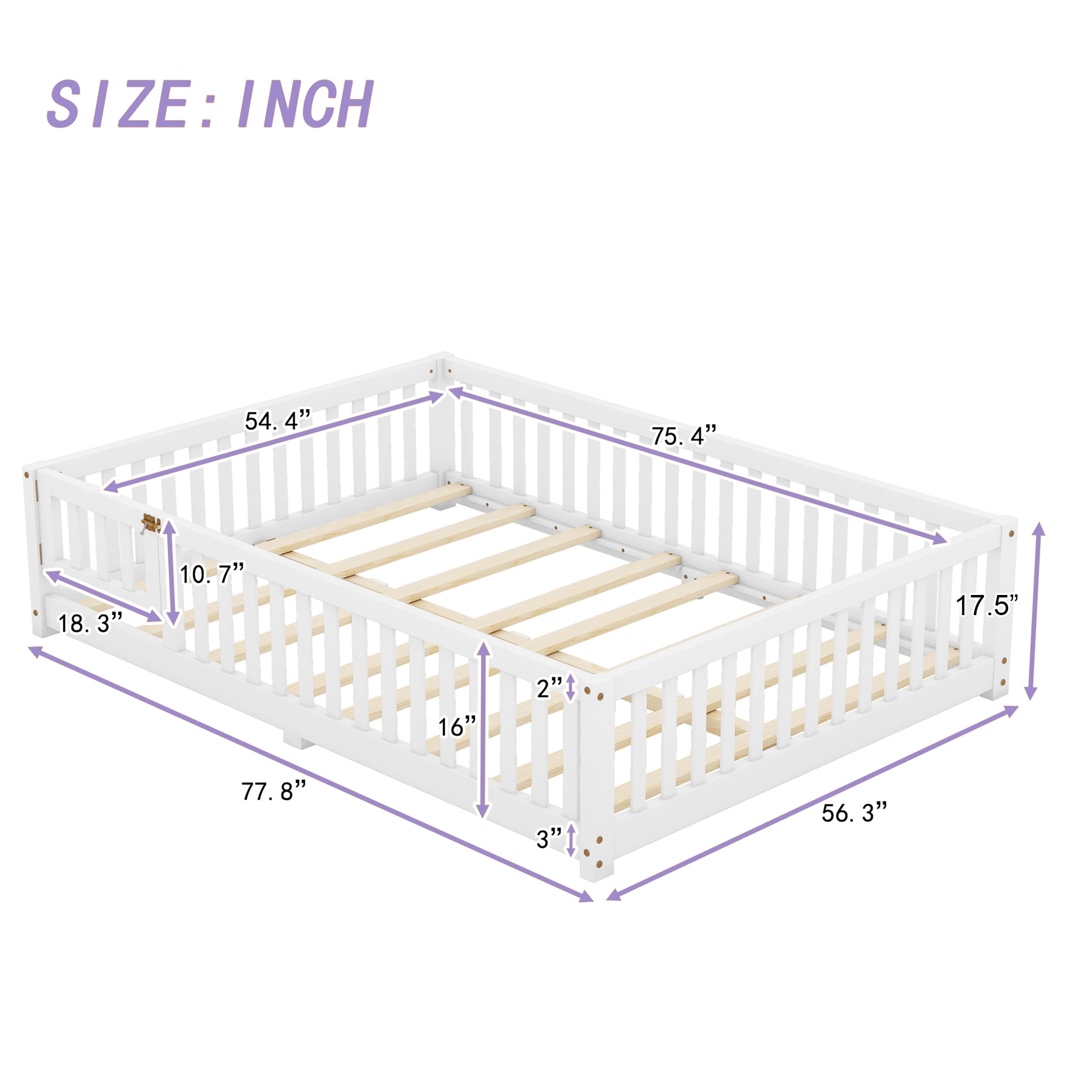 Aukfa Full Size Floor Bed for Kids Children, Wood Montessori Bed Frame with Safety Guardrails and Door, White