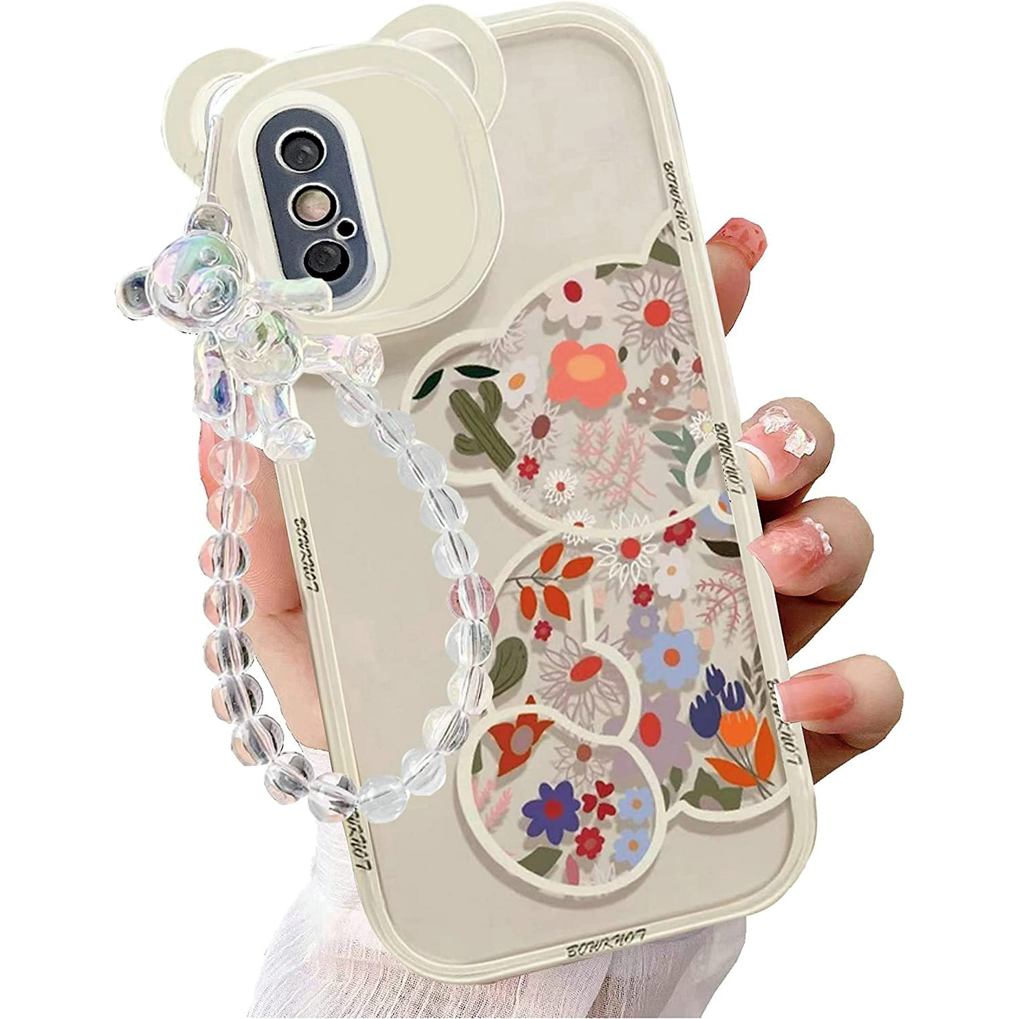 GFDYREE Compatible with iPhone Xs Case Cute Flowers Bear Camera Protector Clear Case with Lovely Strap Bracelet Chain Girls Women Case for iPhone X