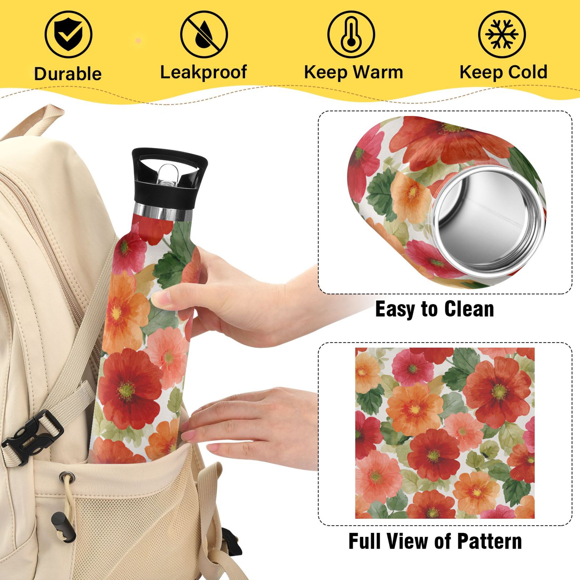 Kids Insulated Stainless Steel Sports Water Bottle 600ml (20oz) Red and Orange Flowers